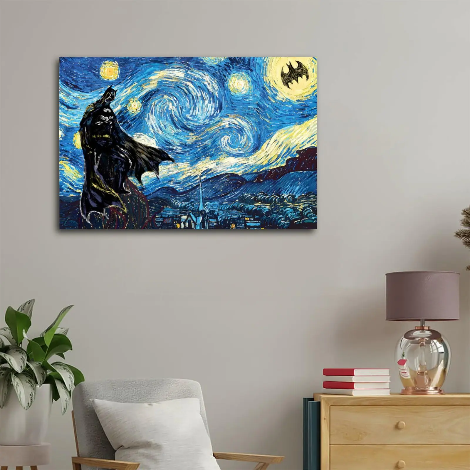 Bat Starry Night Canvas Art - No Framed Wall Decor for Living Room, Bedroom, Office & Bar