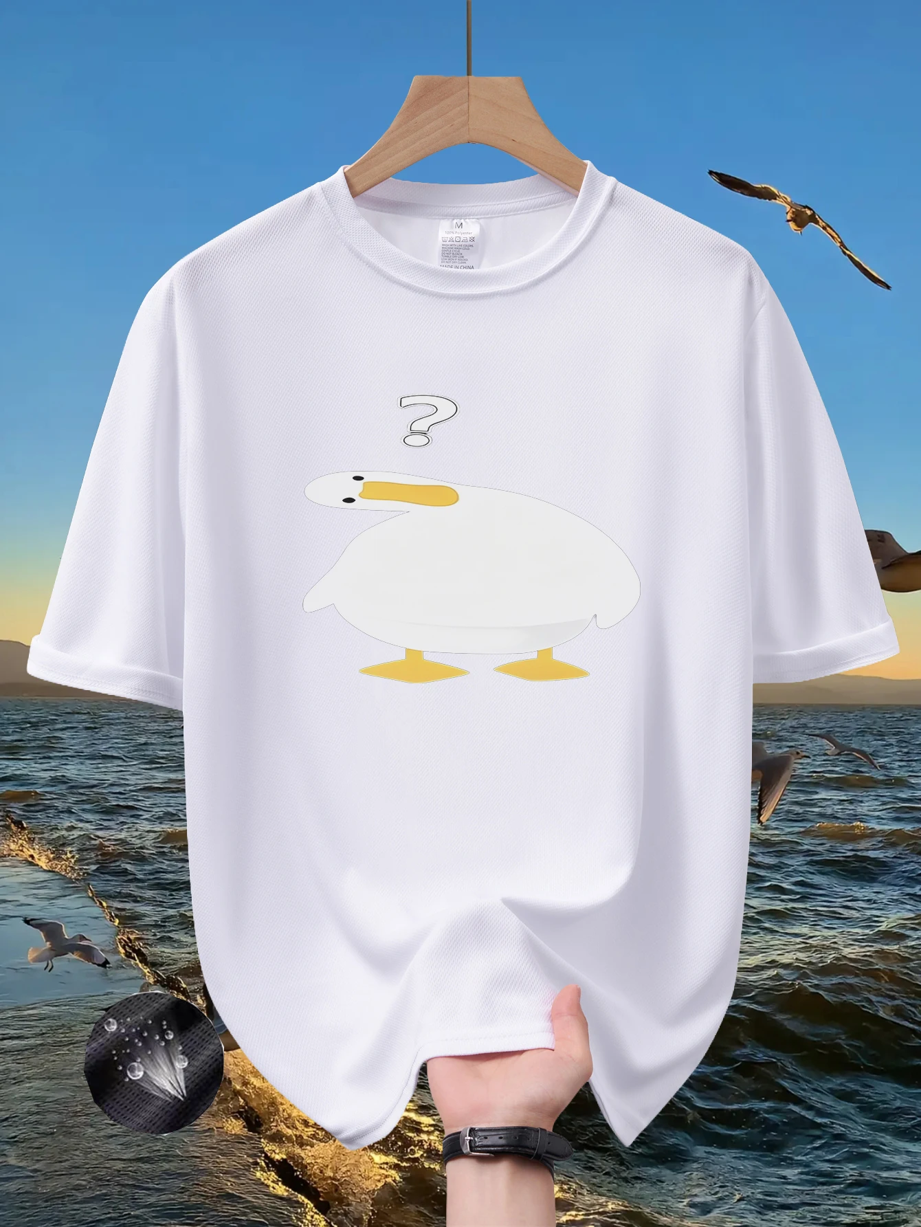 Men's Funny Confused Duck With Question Mark Print T Shirt Summer Quick Dry Navy Short Sleeve Tee Cute Cartoon Animal Stretwear
