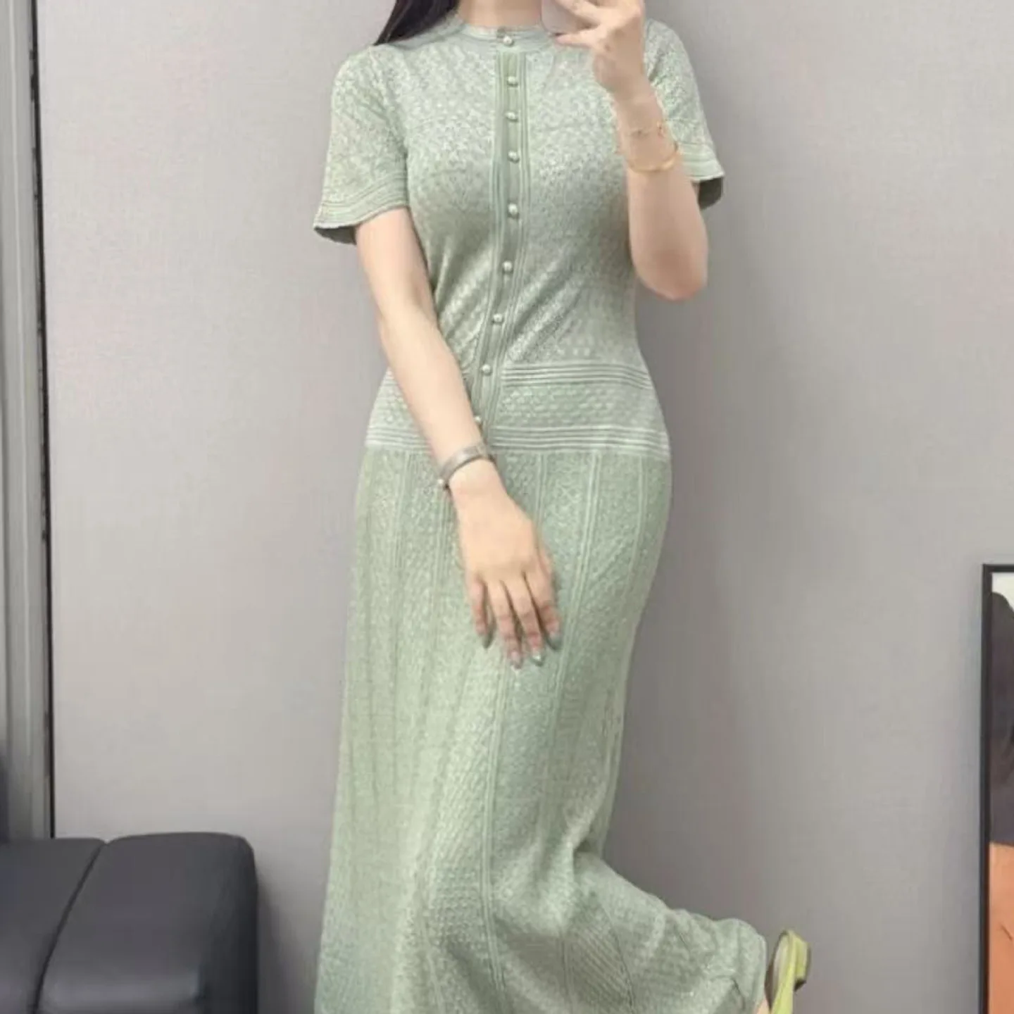 

Dress Summer New Women's Elegant Sexy Slim Single-breasted Round Neck Short Sleeve Solid Color Long Knitted