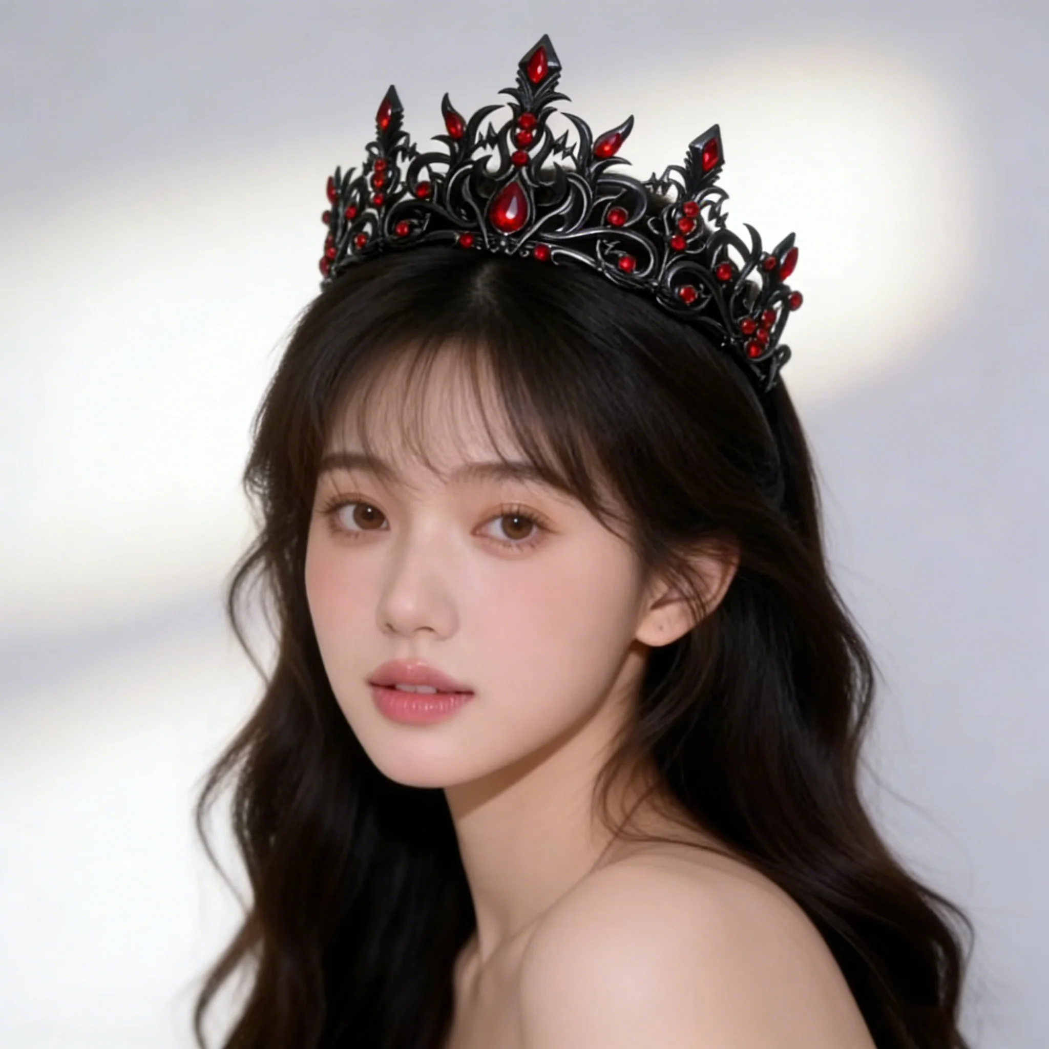 Dark Carved Flower Red Treasure Crown Black Silver Frame Retro Gothic Style Decoration Mysterious Luxury Style Banquet Cosplay