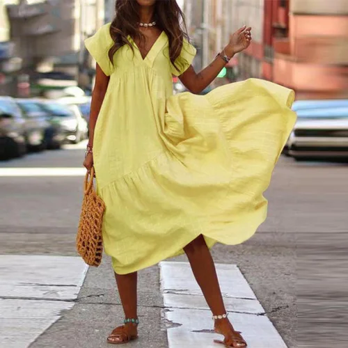 Imagen 2 del producto Vestido suelto de manga corta con cuello en V, Vestidos de vacaciones de Color sólido para mujer, Vestidos informales de verano con corte en A