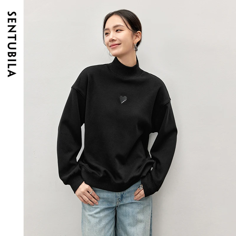 SENTUBILA Embroidery Knit Cotton Sweatshirt Women Winter 2024 Simple Loose Fit Half High Collar Drop Sleeve Women Top 144A57150