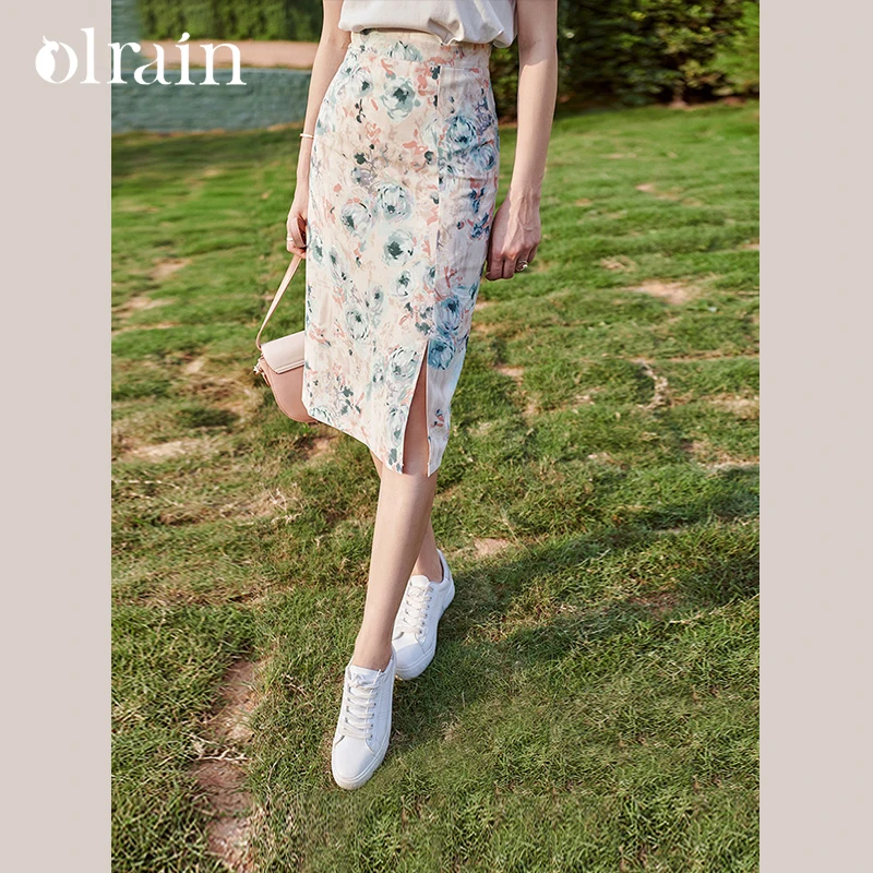 

OLrain Women Floral Chiffon Skirt Summer 2026 Fashion High-waisted Straight Split Fork Thin Hip Skirt Wear to Work O21XB52256