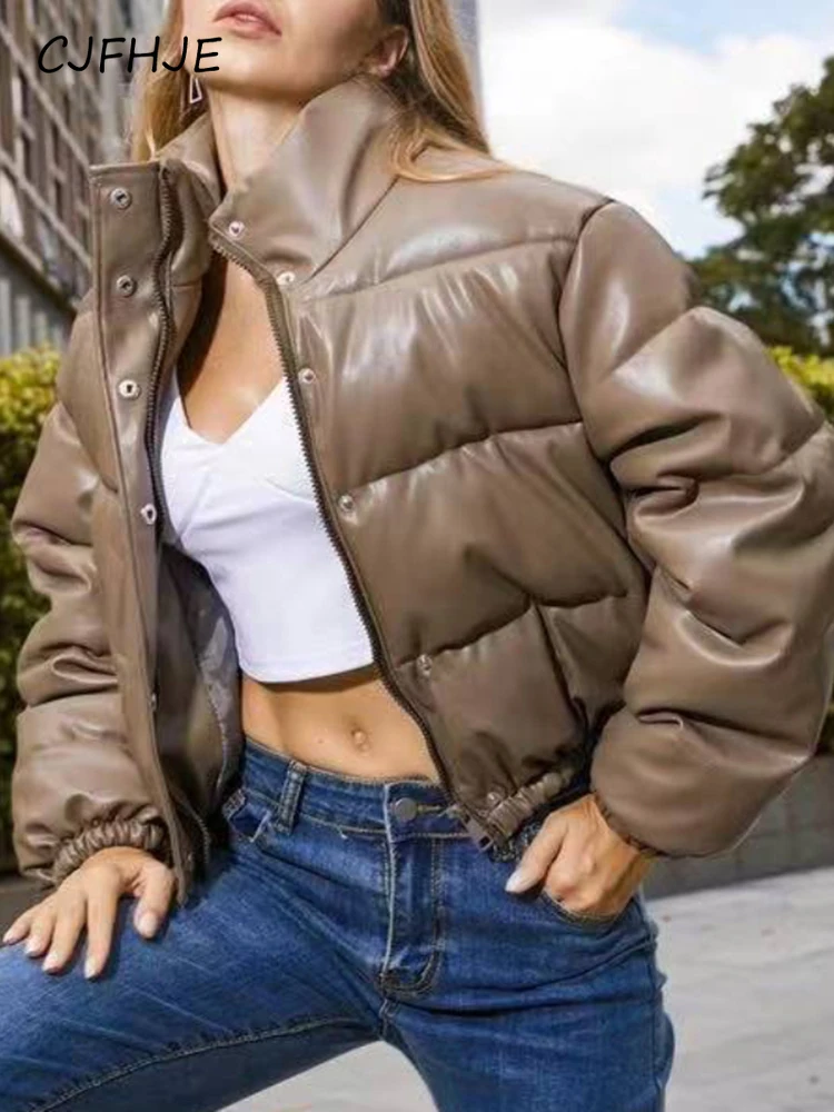 CJFHJE Fashion Pu Women Parkas Winter Thick Bomber Jacket Warm Faux Leather Black Cotton Padded Down Jacket Y2K Short Outwear