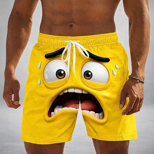 Funny Cartoon Face Print Mens Beach Shorts Quick Dry Breathable Drawstring Elastic Waist Social Media Viral Style Casaul Trunks