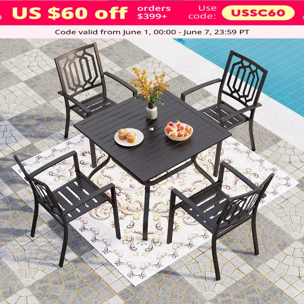 

5-Piece Patio Outdoor Table and Chairs, Dining Set - 37" Square metal Table and 4 Stackable Dining Chairs, Garden Furniture Set