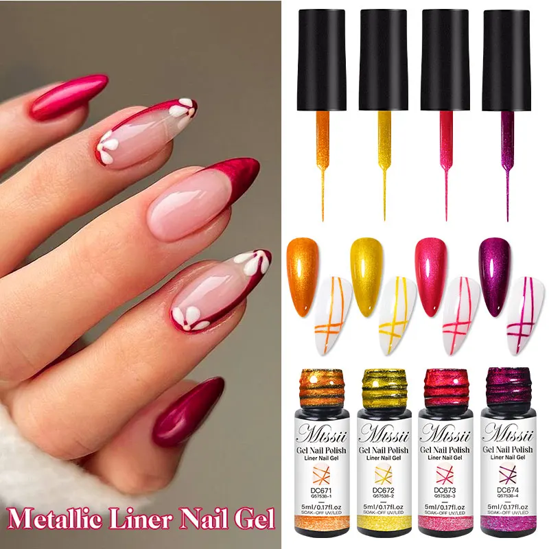 Glitter metálico forro gel unha polonês ouro vermelho efeito metálico desenho pintura gel polonês manicure arte do prego design linha polonês