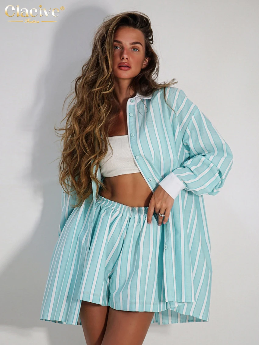 Clacive Fashion Loose Stripe Print 2 Piece Set Women Outfit 2024 Elegant Long Sleeve Shirt With High Waist Shorts Set Streetwear