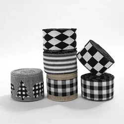 Christmas Linen Ribbon Black White Plaid Navidad Ornament Gift Packaging DIY Xmas Wreath Bow Christmas Craft Supplies 2 M/Roll