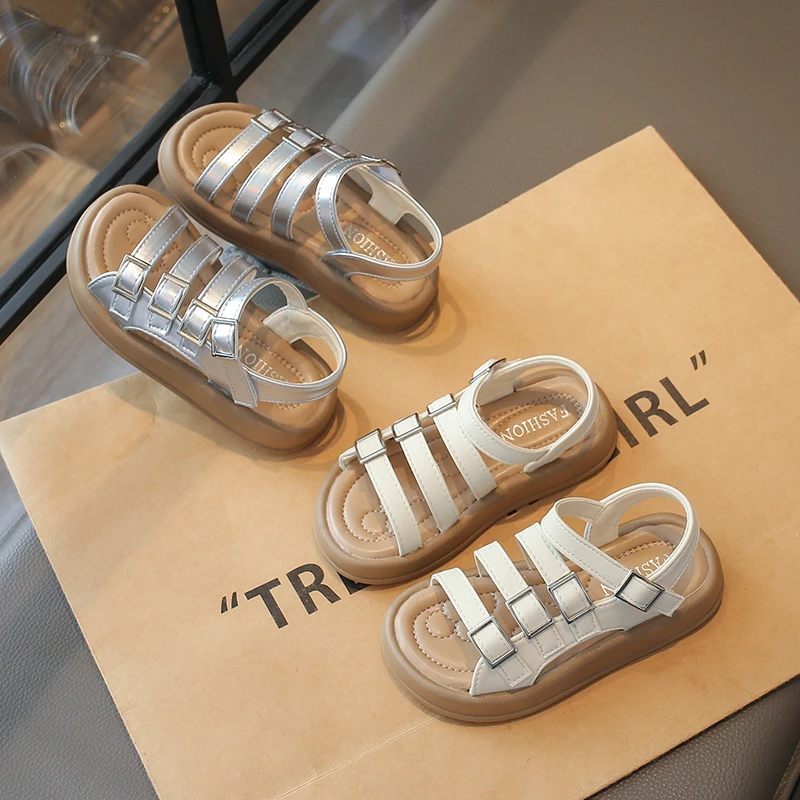 

Toddler Girls Silver Open Toe Sandals Three Buckle Straps Chunky Non-Slip Sole for Daily School Outdoor Casual Wear