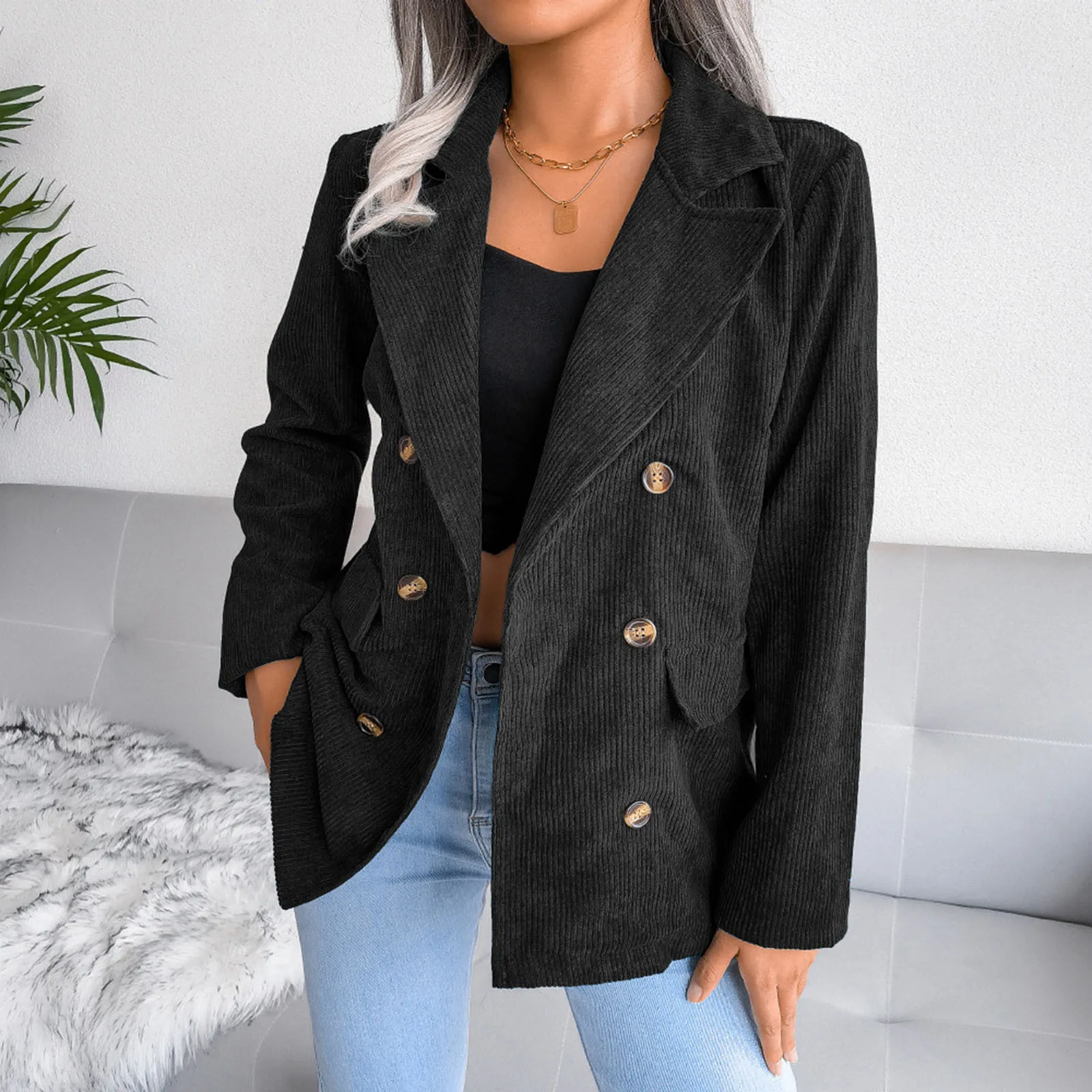 Jaket Blazer kebesaran wanita, jaket Blazer ukuran besar Corduroy Double Breasted, setelan Blazer kantor longgar, mantel 2024, pakaian luar Korea Chic warna polos