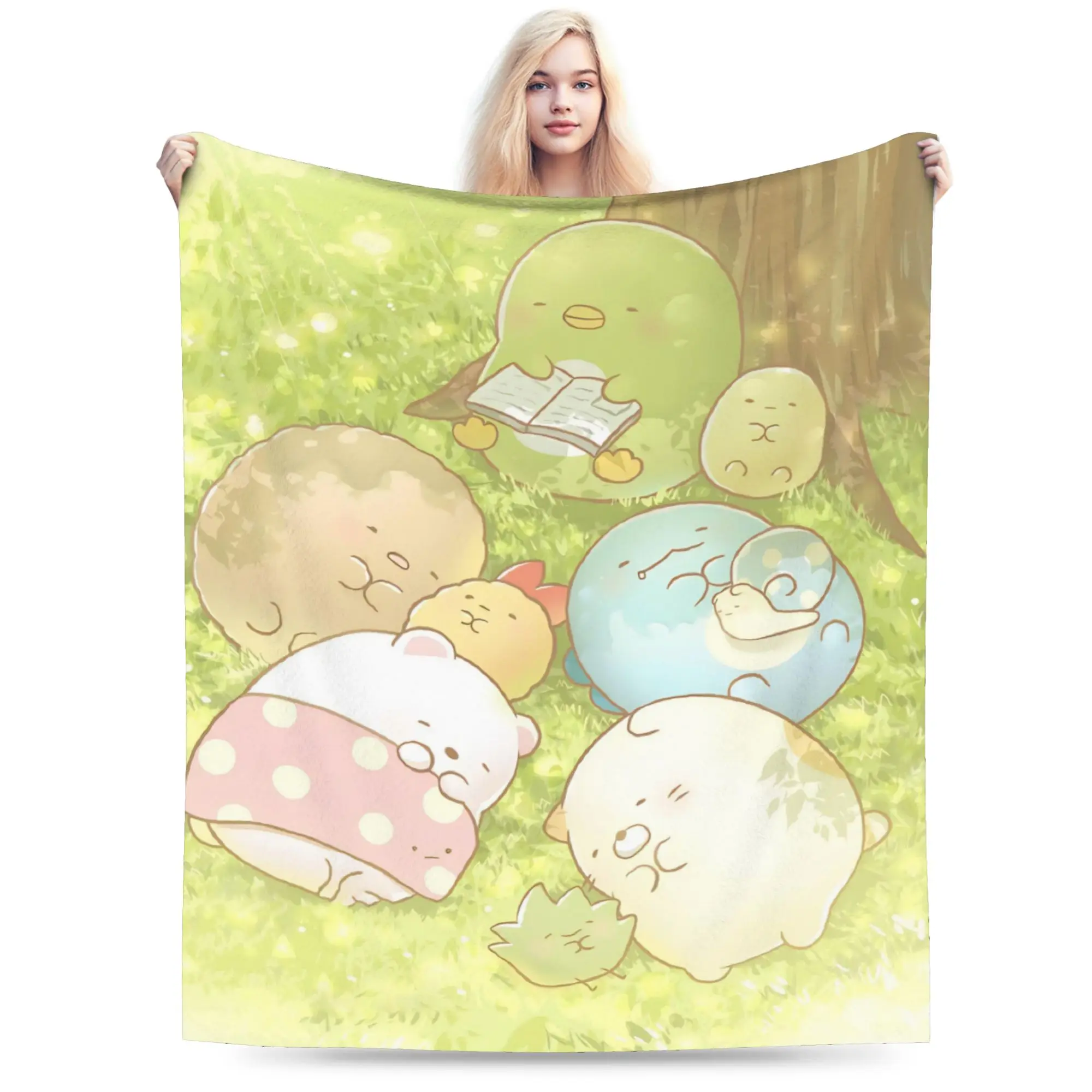 Sumikkos Gurashis Knitted Blanket Coral Fleece Plush Cute Animals Lightweight Thin Throw Blanket for Car Sofa Couch Bed Rug