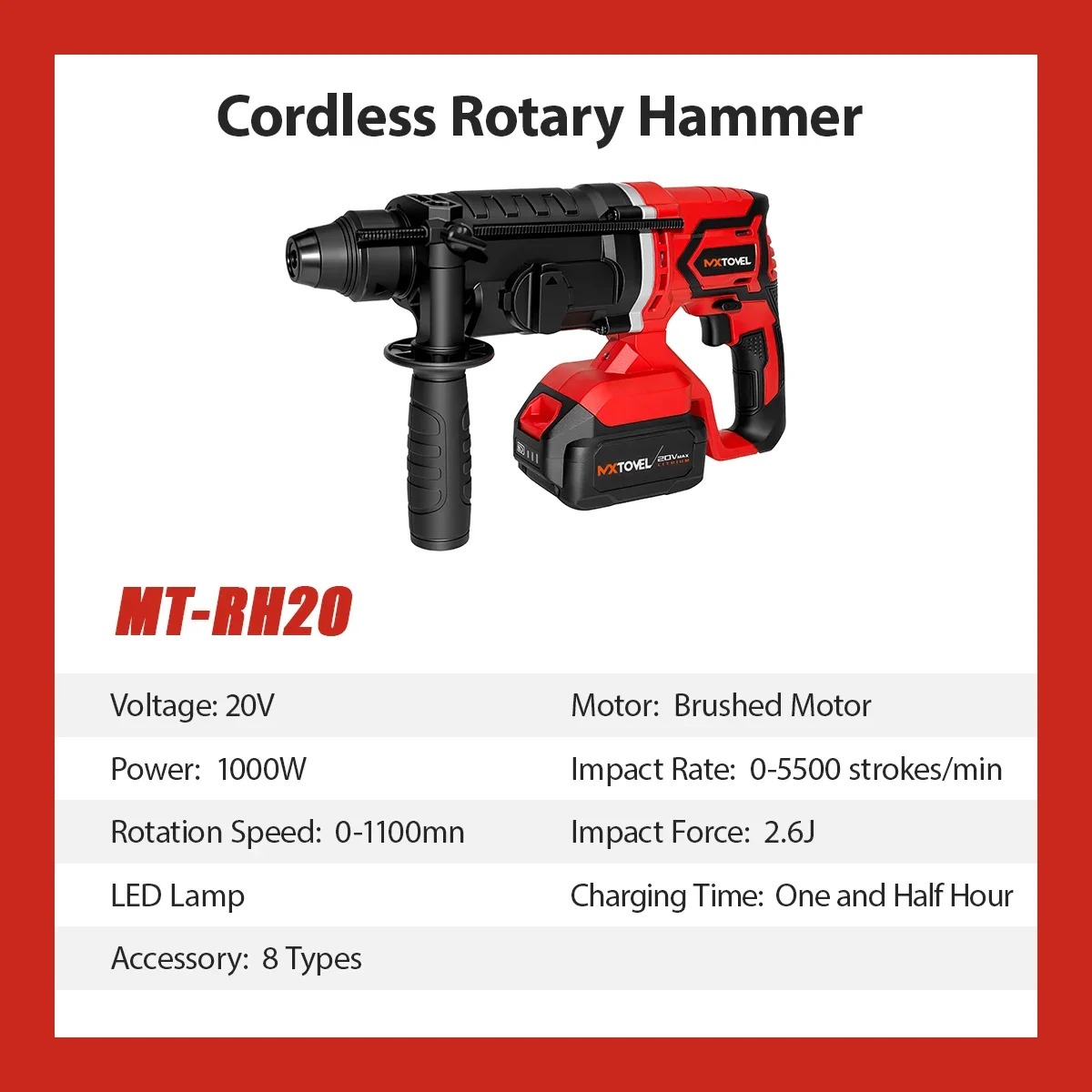 MXTOVEL OEM ODM Hot Sale Electric Power Tools 20v Li-ion Battery 4 Functions Cordless Rotary Hammer Drill