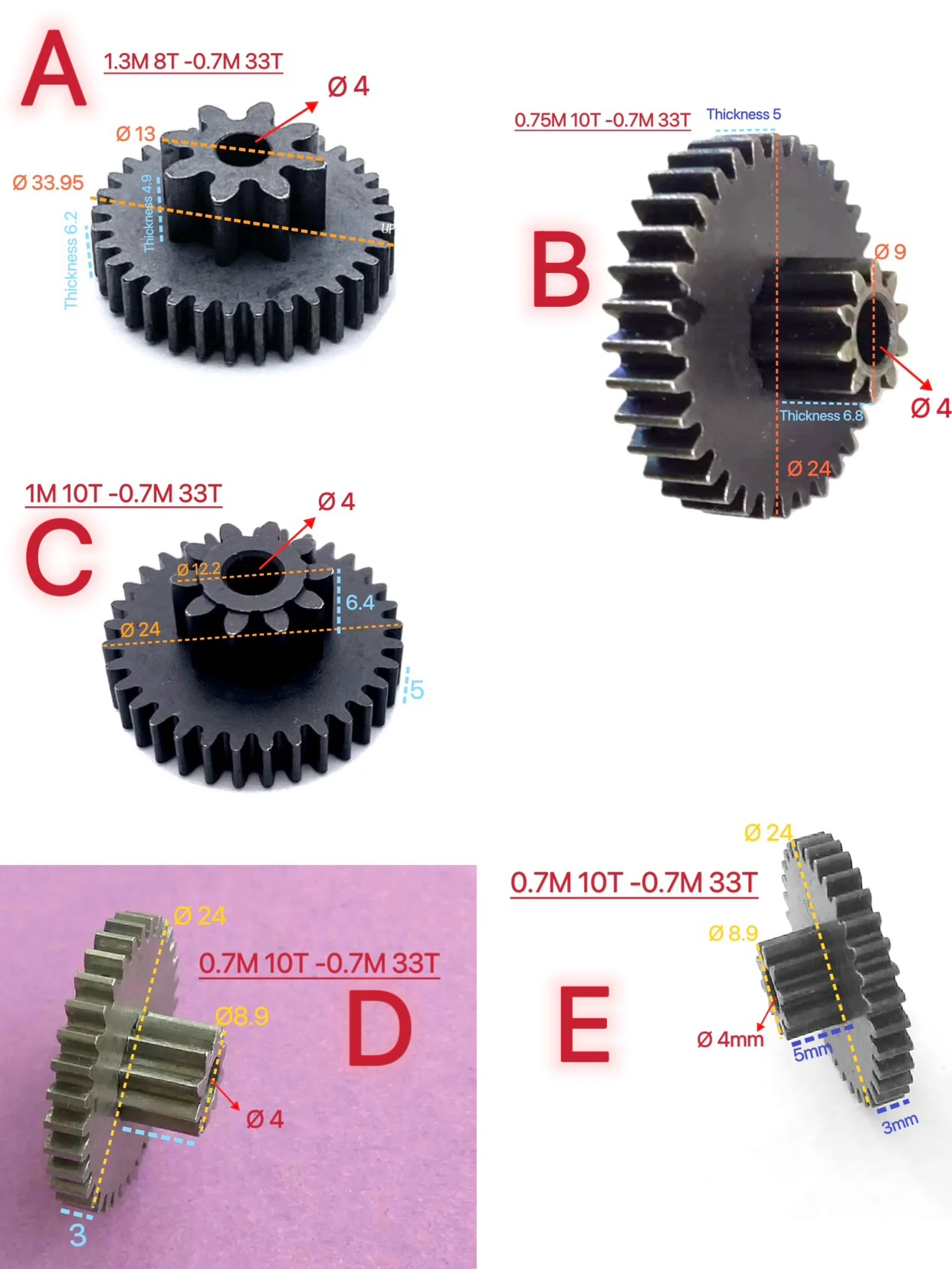 Metal Gear 10T-33T 4mm HOLE Variable Reduction 0.75M+0.7M Double gear 8/10/33 Teeth Steel Gear