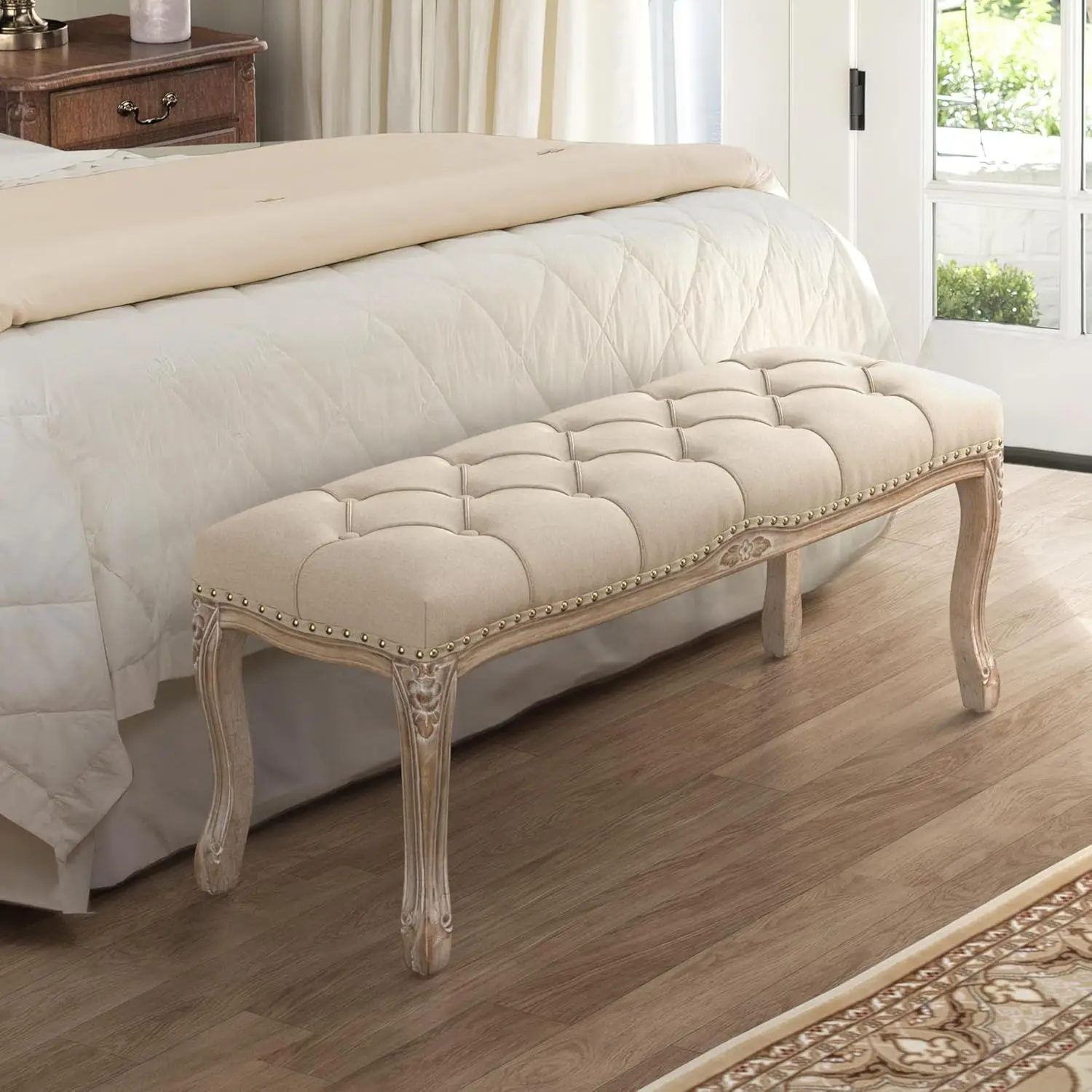 Bench, French Vintage Tufted Entryway Bench, 45.2'' Carving Upholstered End of Bed Bench with Distressed Wood Legs, Line