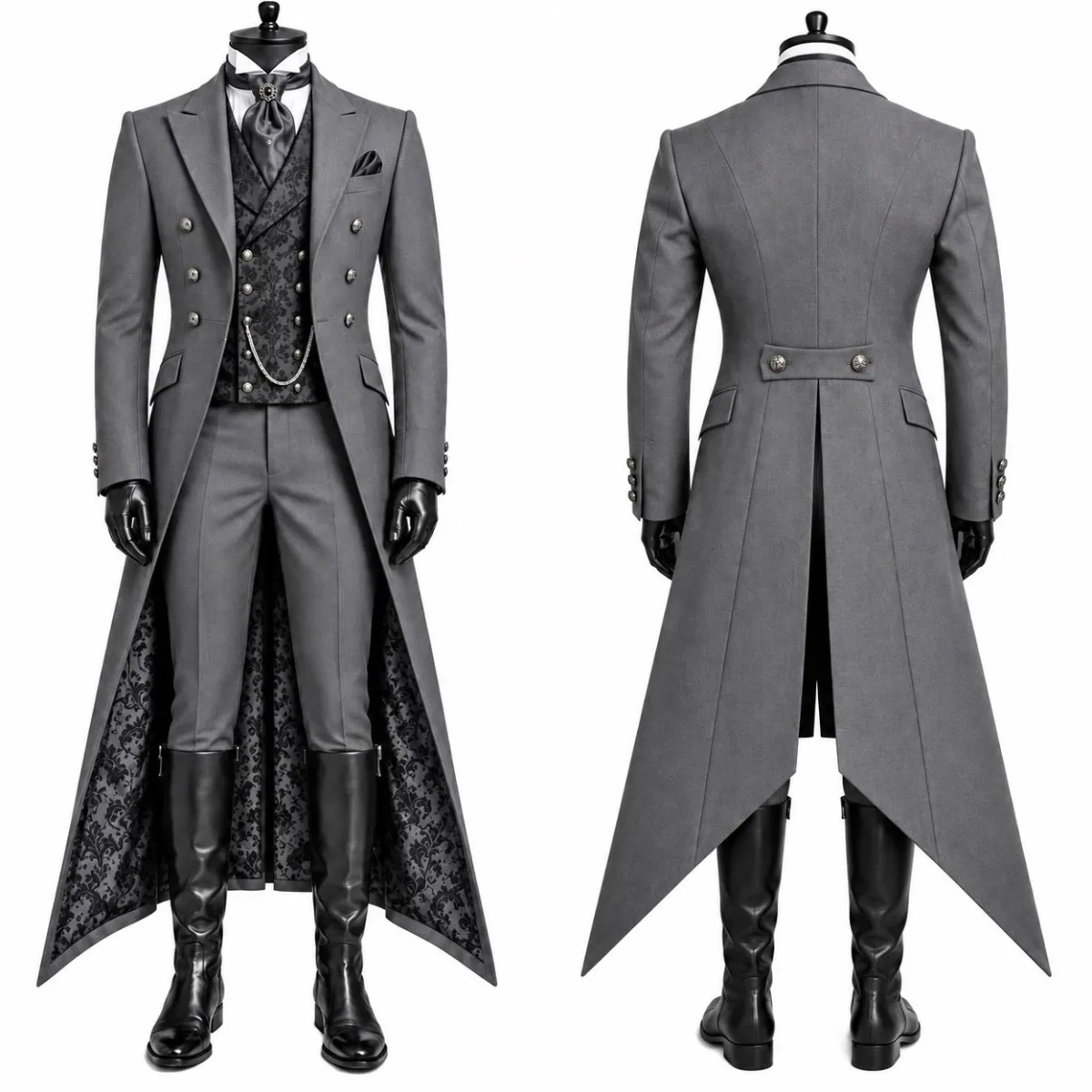 Vintage Men Long Tailcoat Peaked Lapel Double Breasted Floral Lining Gothic Overcoat Customized Banquet Cosplay Outerwear