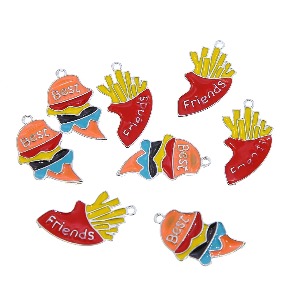 50pcs/20set 32*17*2 Creative cartoon Burger Fries Love Good Friend BFF Pendant Alloy Dripping Iron Necklace set