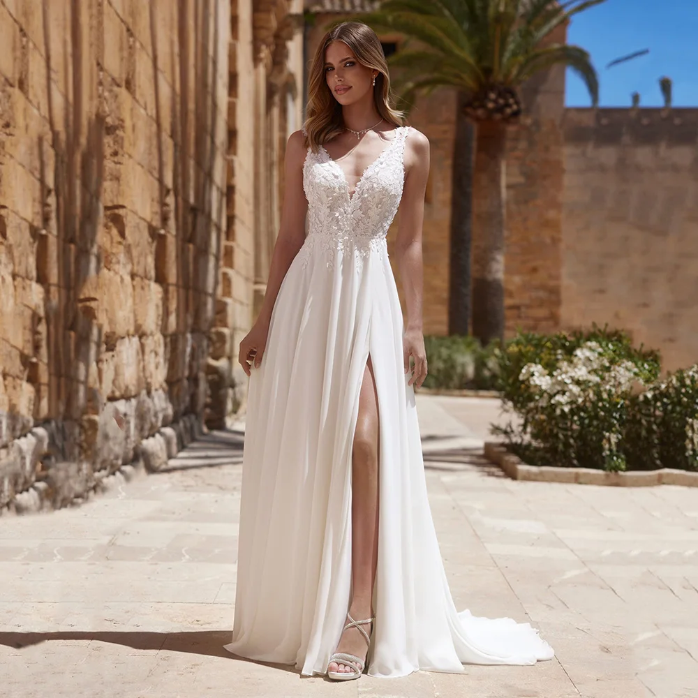 

Boho Wedding Dresses 2025 Spaghetti Strap Lace V Neck Sexy Slit A-Line Bridal Gown Backless Tulle Brides Dresses Customized