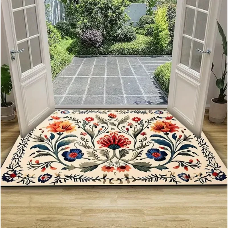 VIKAMA Retro William Morris Style Bird Strawberry Floral Coir Doormat Anti-slip Dustproof Front Door Entrance Decor Floor Mat