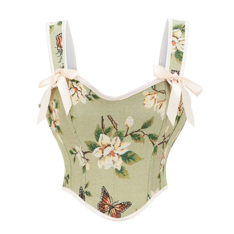 Fashion Floral Print Overbust Corset For Women Gothic Vintage Shoulder Strap Side Zip Vest Crop Tops Body Shaper Bustiers