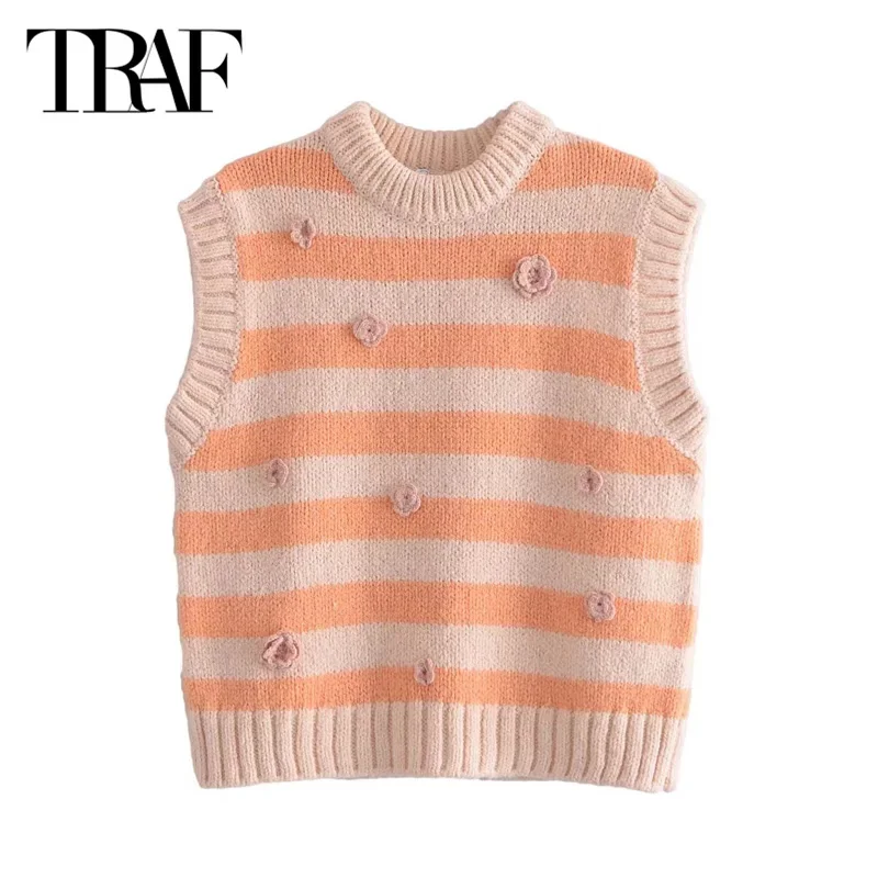 TRAF Floral Striped pullovers Women's Sweater Autumn 2024 Elegant Knit Cropped Knitwears Ladies Fashion Casual Sleeveless Vests