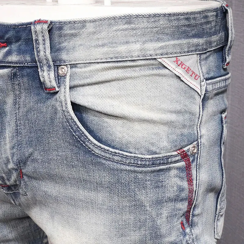 Fashion Designer Men Jeans High Quality Retro Light Blue Plain Washed Slim Fit Ripped Jeans Men Patched Vintage Denim Pants