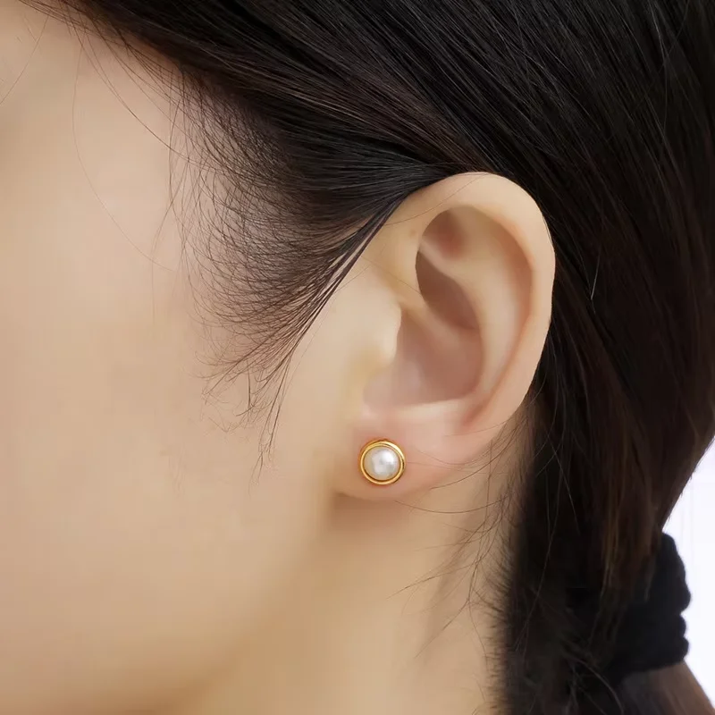 Minimalist Round Imitation Pearl Earrings For Women Trendy Stainless Steel Piercing Earring Waterproof Jewelry 2025 New Fashion