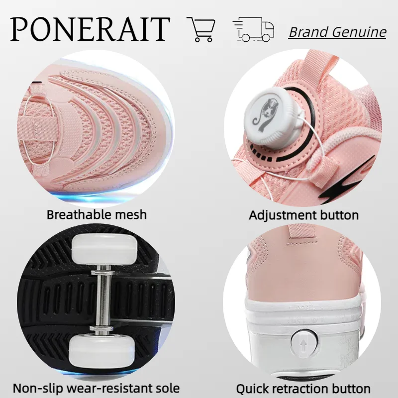 PONERAIT Shoes With Wheel PU leather Knob Adjustment Roller Sneakers New Deform Parkour Skates Shoes For Girls Special Gift