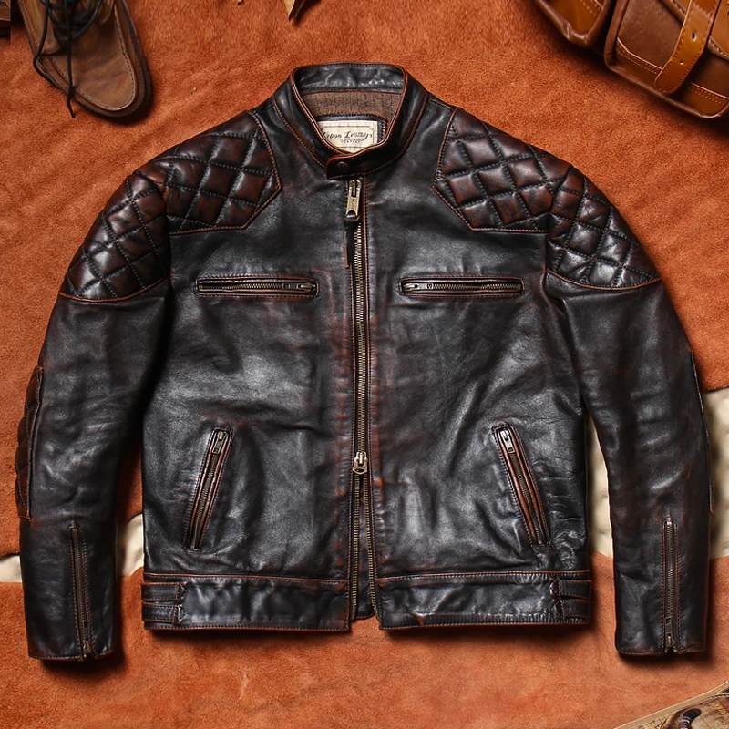 

Heavyweight Handmade Motorcycle Leather Jaet Men's Waed Vintage Stand Collar Genuine hide Leather Coat