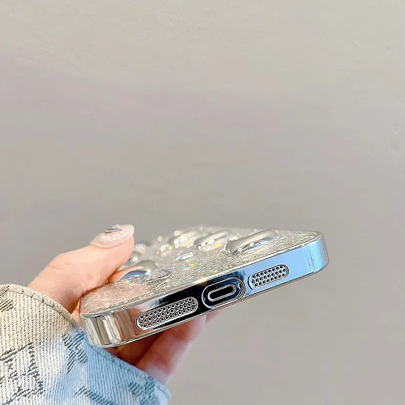 Luxurious Phone Case For iPhone 15 14 13 12 Pro Max electroplated silver glitter Cover for iphone 11 love bow case with Bracelet