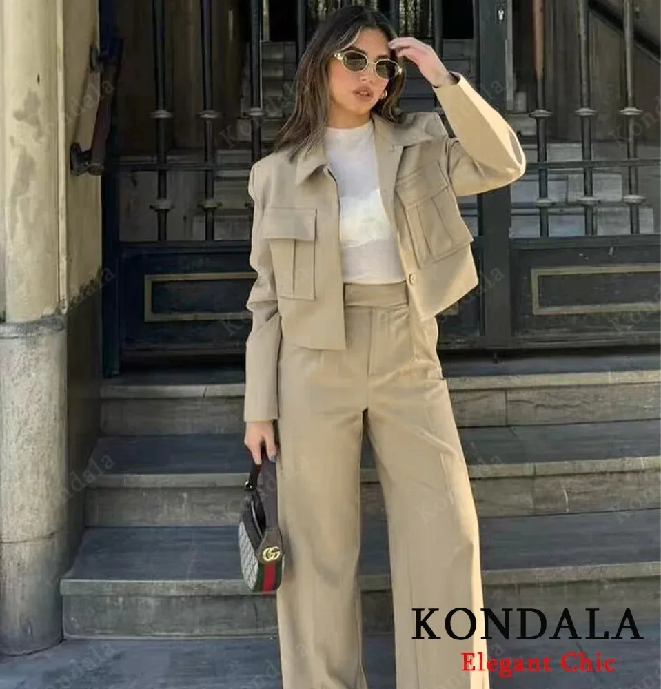 콘달라 가을 캐주얼 숏 블레이저 수트 여성 포켓 라펠 재킷 팬츠 포함 신상 2025 봄 여름 휴가 출퇴근 블레이저 수트