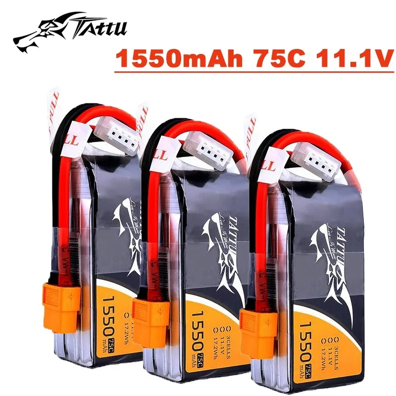 

TATTU 1550 мАч 75C 11,1 В LiPo аккумулятор для радиоуправляемого вертолета, квадрокоптера, FPV, детали гоночного дрона, 11,1 В, перезаряжаемая батарея