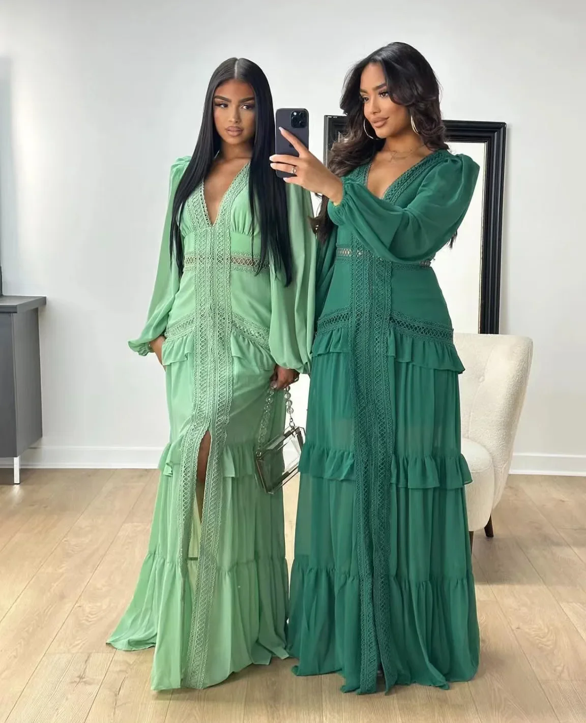 

Elegant Womens Maxi Dress Ruffles Long Sleeve Hollow Out Evening Dresses Party Chic Robe Green Blue Purple New In Holiday