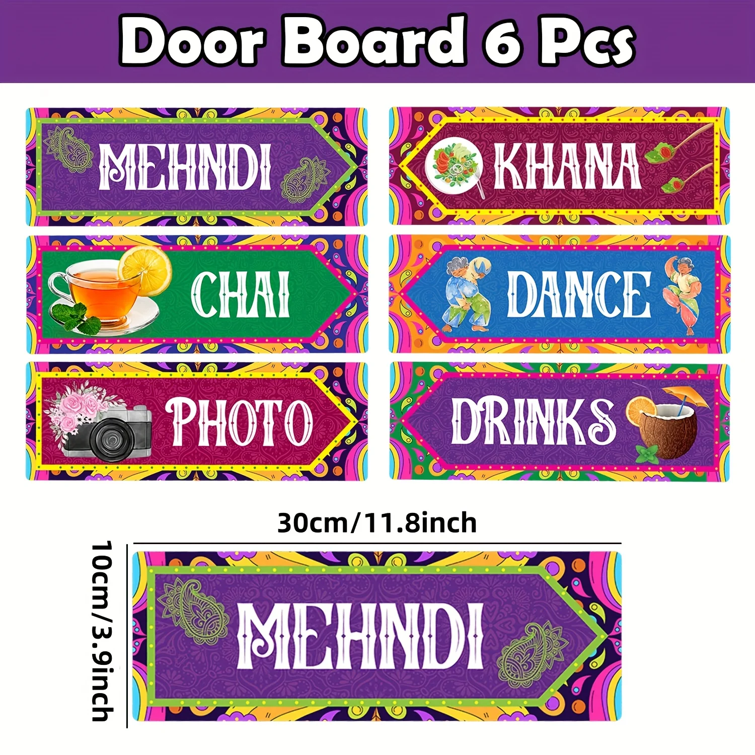 6-teiliges Indisches Hochzeits-Wegweiser-Set, Farbenfrohe Mehndi-Party-Schilder für Khana, Chai, Tanz, Foto- und Getränkestation-Dekoration – Detail 2