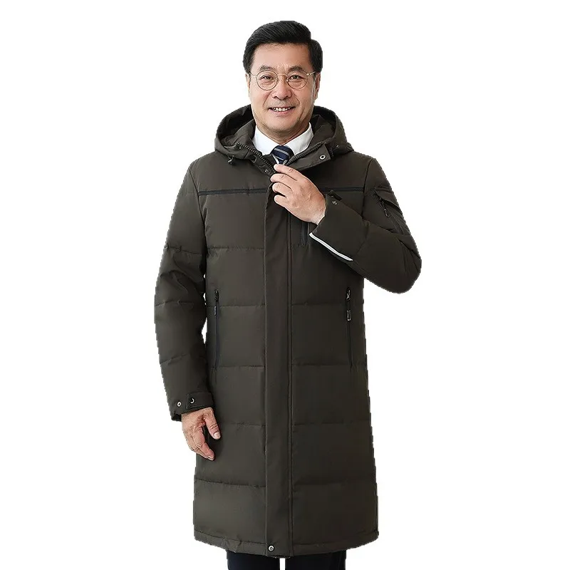 Зимнее пальто до колена на белом утином пуху для мужчин, утолщенная уличная куртка-пуховик больших размеров для папы, мужская куртка-пуховик JK-058