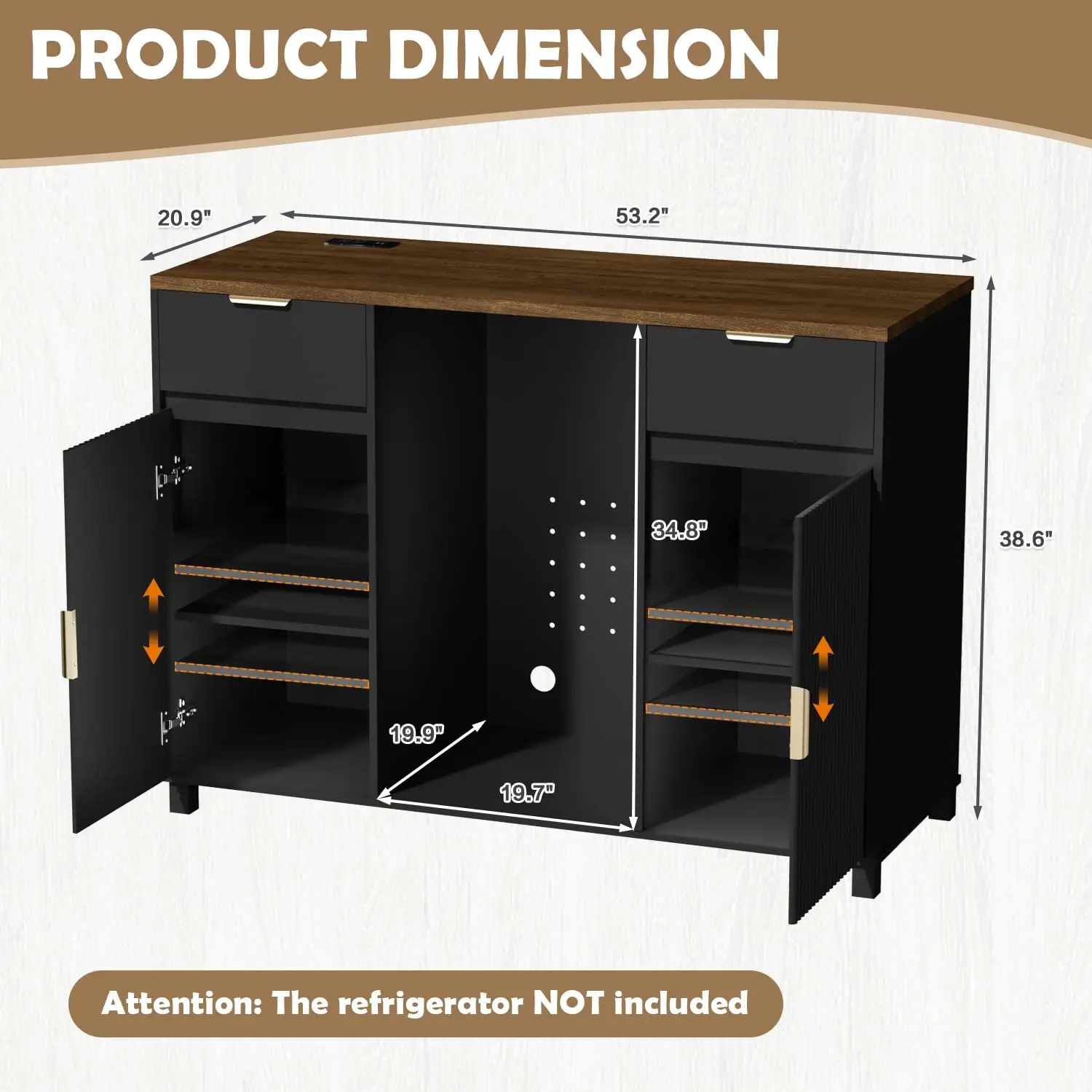 Coffee Bar Cabinet With Fridge Space & Power Outlet, Fluted Door For Dining Living Room Kitchen, Customized