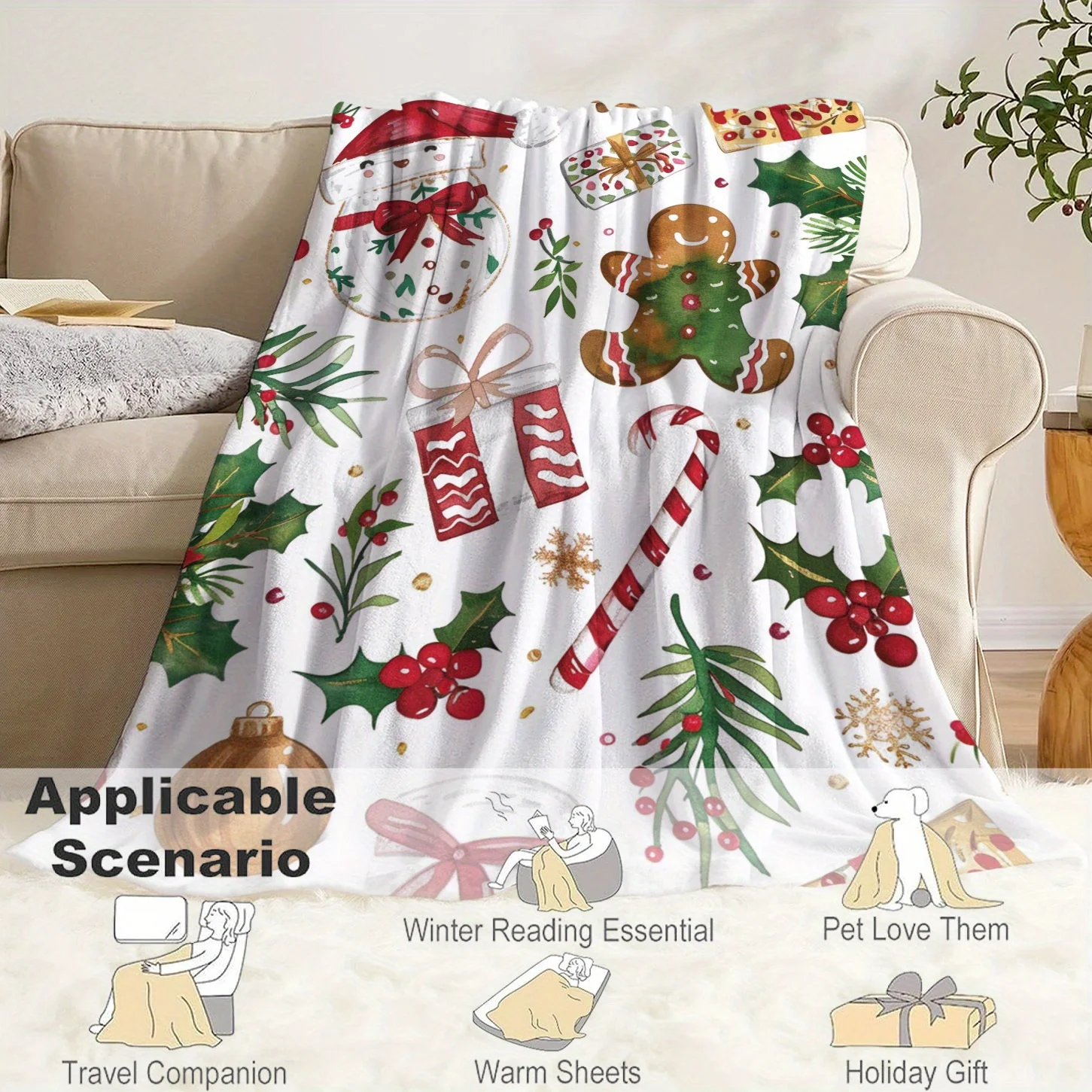 Cozy Christmas Themed Flannel Blanket For Home Office Camping &Travel Four Seasons Warmth Machine Washable Multi-Purpose Durable