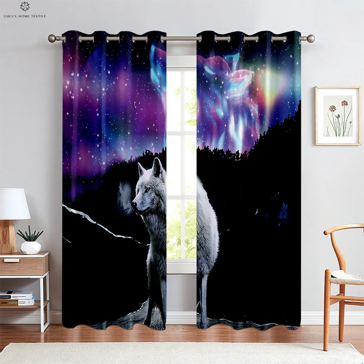 Animal Theme Decorative Curtains, Wolf, Starry Sky, Fantasy Pattern, Bedroom, Kitchen, Study, Living Room, Customized