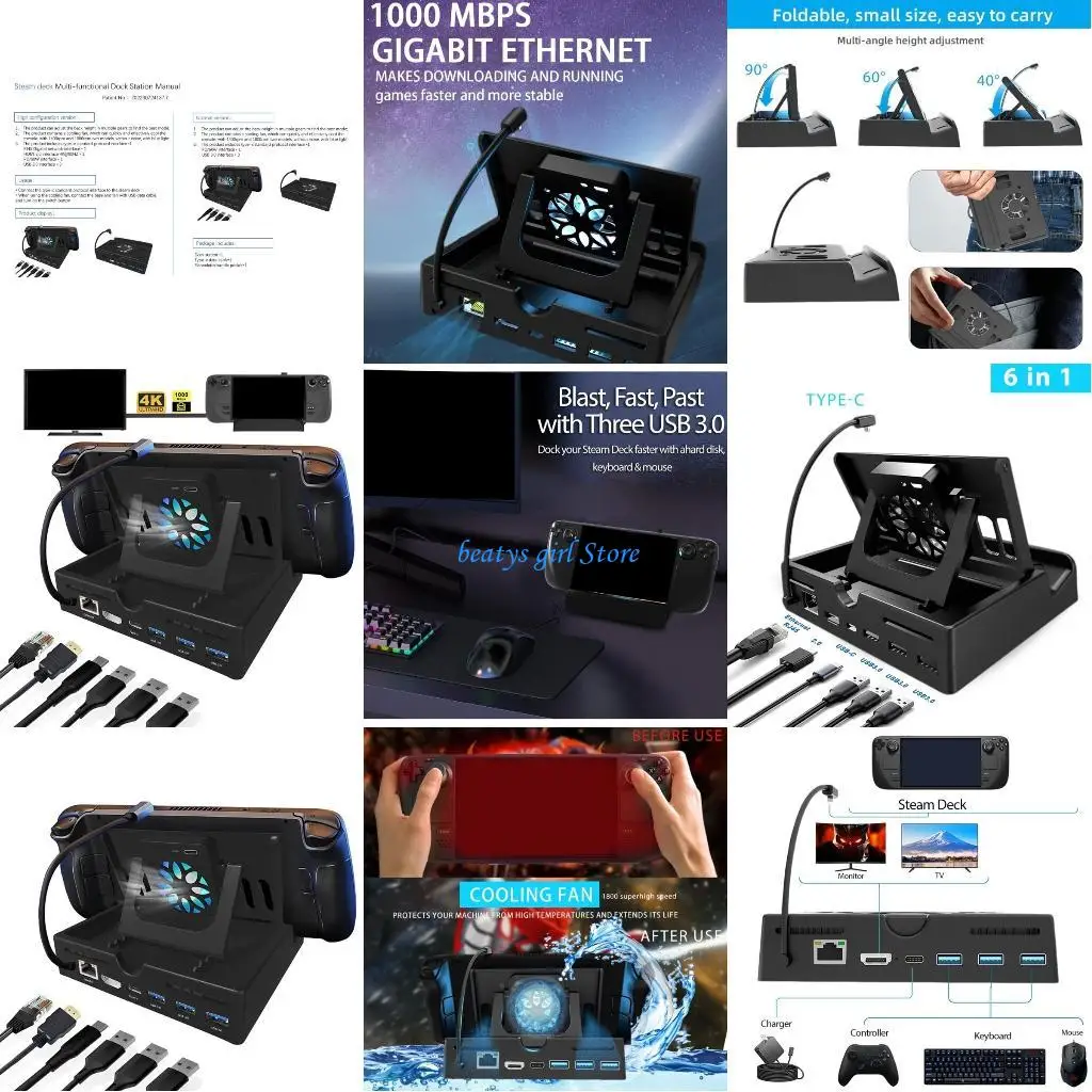 

C7AB 6-in-1 Portable Steam- Deck Docking Station with Fan Support HDMI2.0 4k@60hz