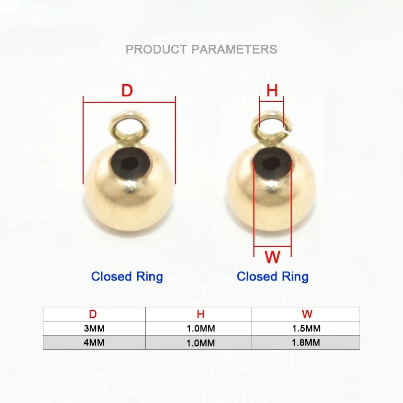 Bola deslizante llena de oro de 14 quilates, silicona de 3 - 4mm con anillo, cuentas de oro para fabricación de joyas, accesorios DIY hechos a mano, hallazgos de joyería de oro