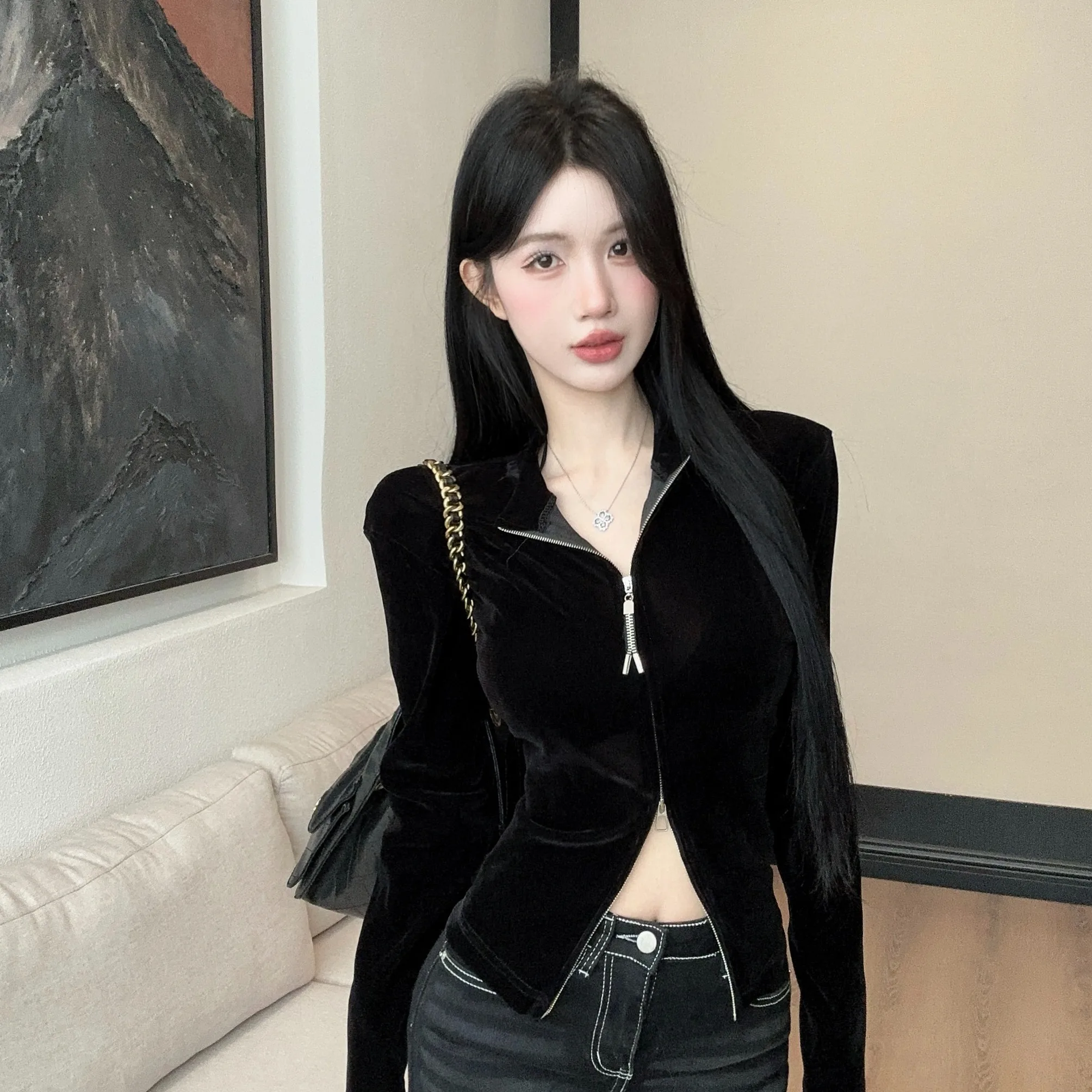 قميص مخملي طويل Sve بياقة واقفة وسحاب مزدوج متعدد الاستخدامات للتخسيس العصري للنساء للخريف والشتاء Faion يوميًا لون نقي T-... #1