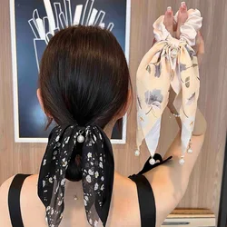 Elegance Print Long Ribbon Hair Scrunchies for women Elastic Satin Ponytail Scarf Girls Bow Hair Bands With Pearl Boho Hair Tie