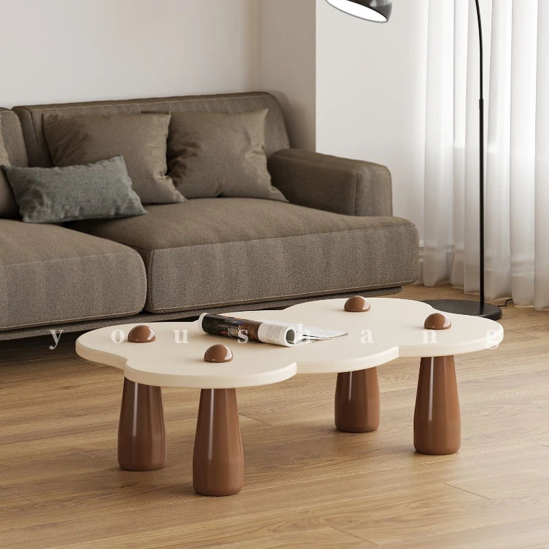 Upper right Nordic minimalist living room with a calm breeze, cloud tea table, ins cream style color palette, mesh red table