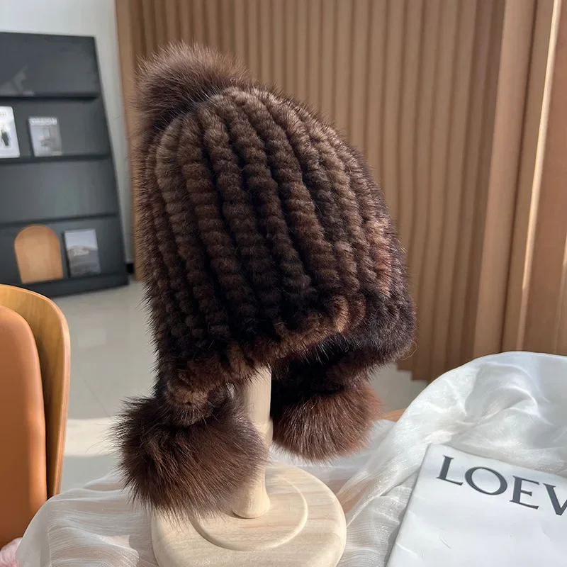 Gran oferta de invierno, gorro de piel auténtica de visón para mujer, gorro cálido con orejas de piel de visón tejido, gorros en espiral con pompón de piel de zorro en la parte superior