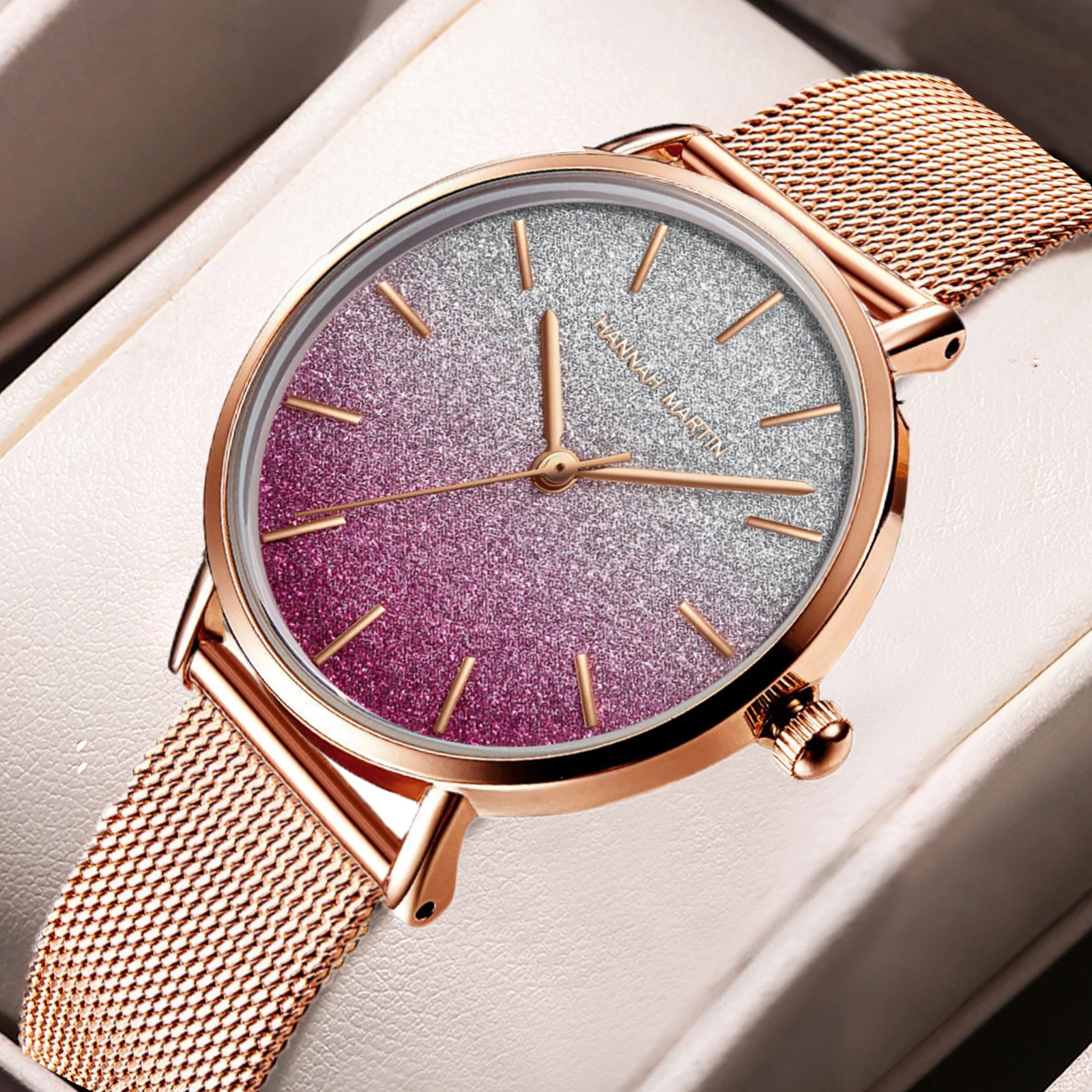 2023 New Design Original Women's Quartz Watch Matte Gradient Rose Gold Stainless Steel Mesh Watch for Women Fashion Waterpoor