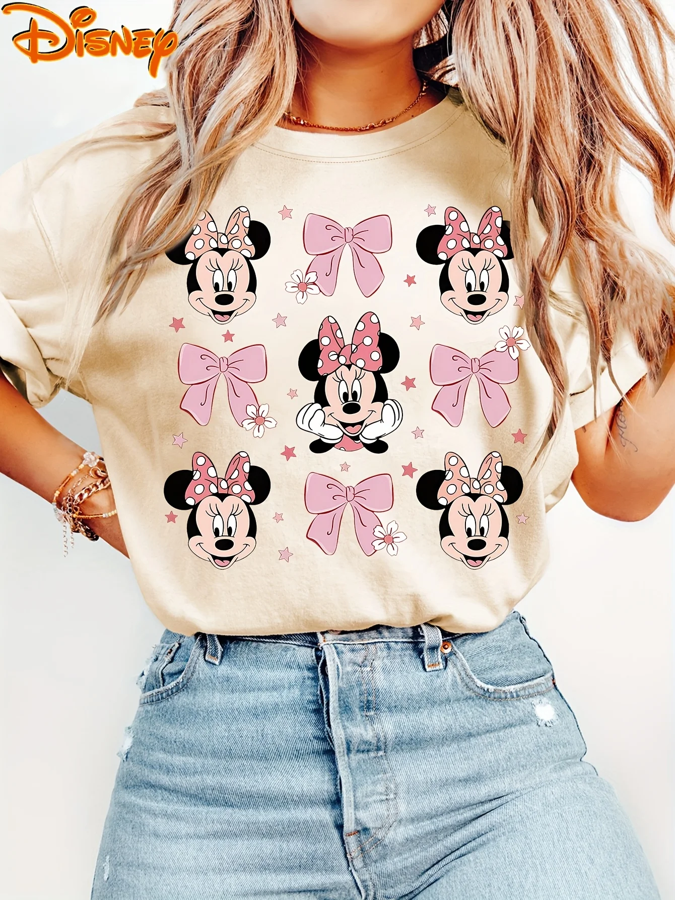 2025 Disney Pattern Printed Women's Casual Comfortable Unique Smiling Face Black Round Neck Short Sleeve T-shirt