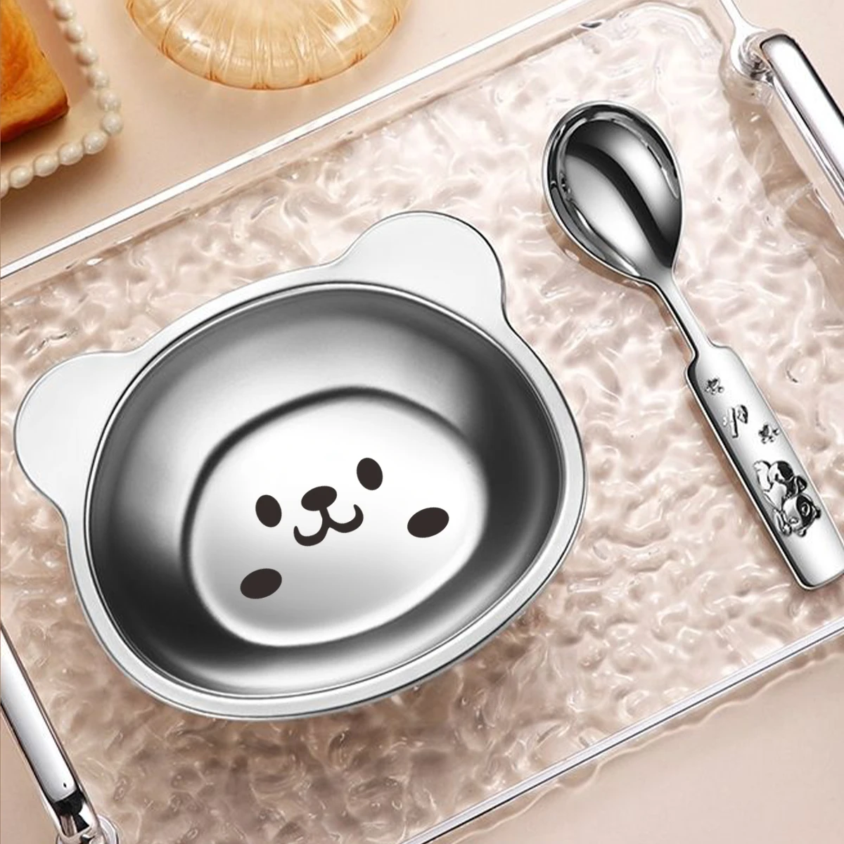 WORTHBUY Children Cute Bear Bowl 304 Stainless Steel Dinner Bowl Kid Salad Bowl Kindergarten Food Plate Kitchen Feeding Bowl