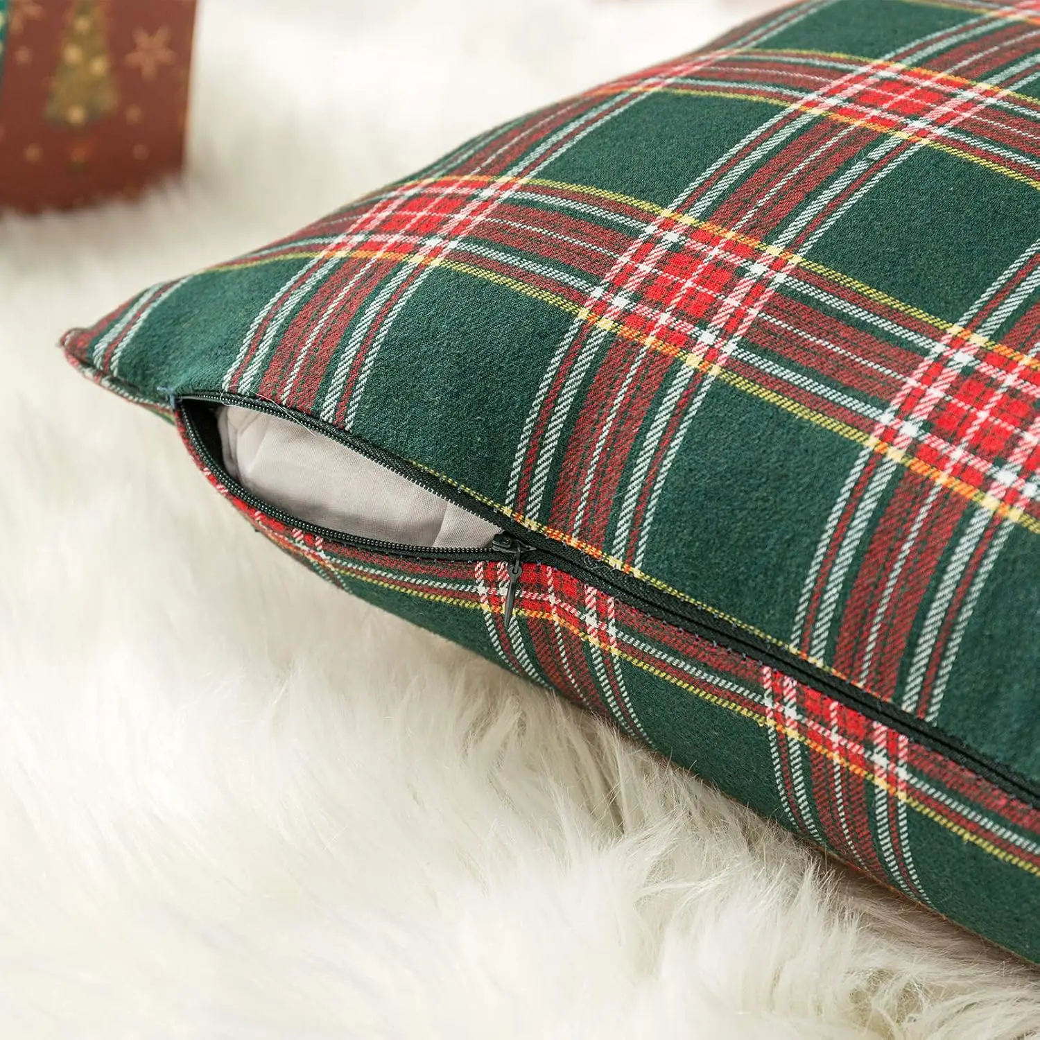 2PCS Christmas Plaid Decorative Throw Pillow Covers Scottish Tartan Cushion Case for Farmhouse Home Holiday Decor Red and Green