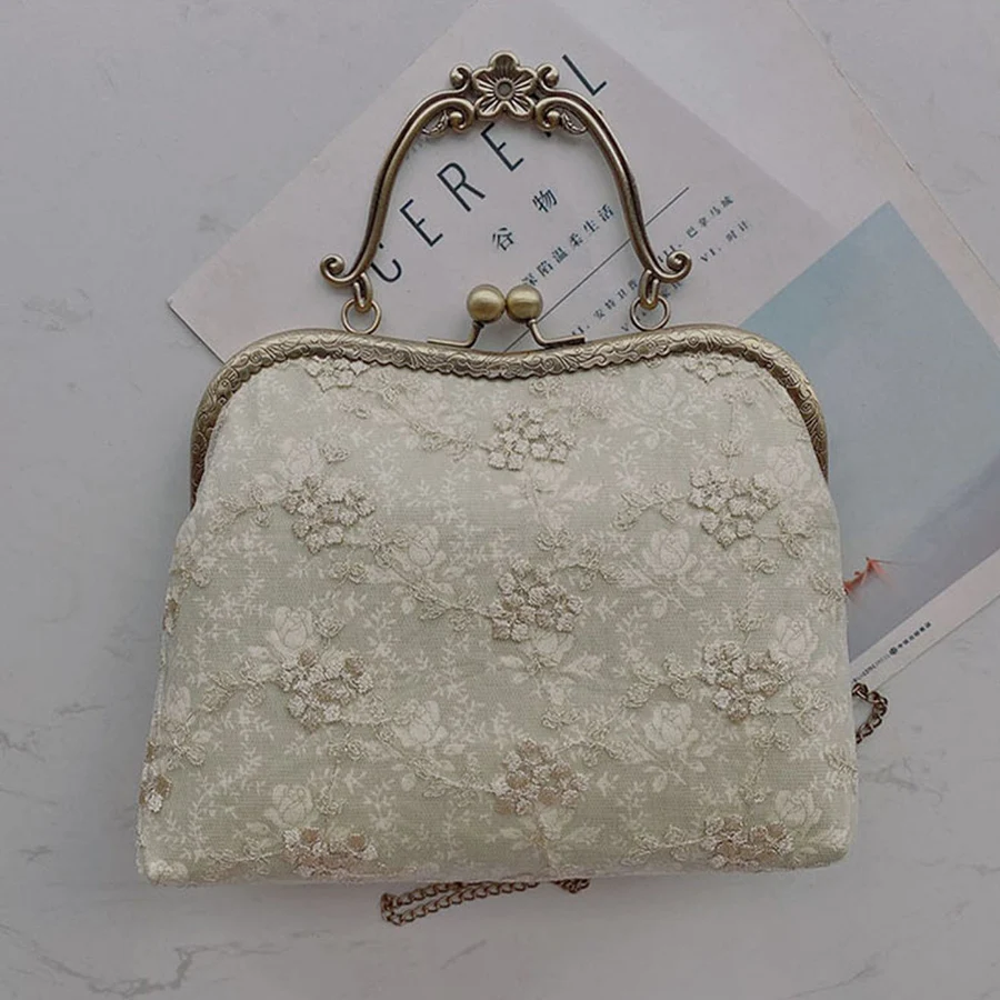 Vintage Metal Clip Hand Bags For Women Lace Embroidery Shoulder Bag Lock Design Evening Wallet Shopping Chains Crossbody Bag Sac