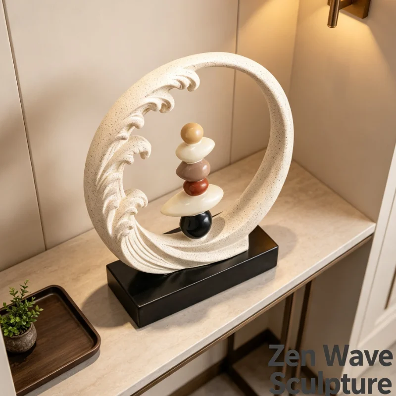Beige Wave Circle With Stacked Stones Sculpture Modern Zen Home Decor Figurine For Living Room Shelf Office Art Ornament
